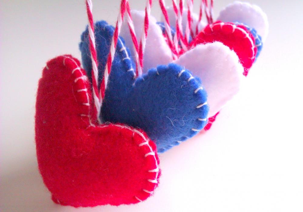 Independence Day Decorations - Patriotic Hearts, Red, Blue, White, Uk, Usa - Set Of 6 - Ornaments/favors/decor/gifts